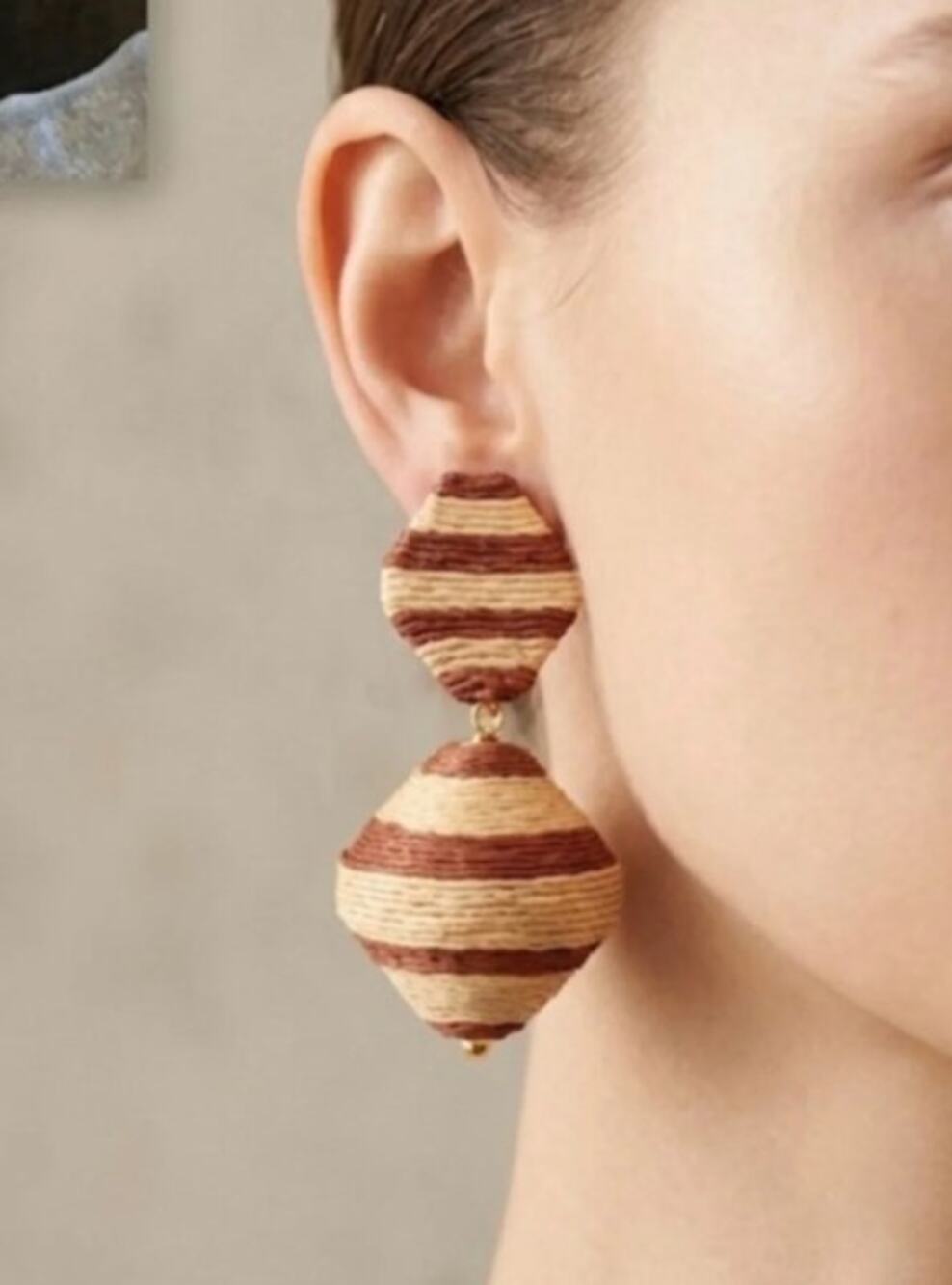 NWT Tuckernuck Cocoa Stripe Raffia Geo Lantern Earrings Brown Statement Dangle